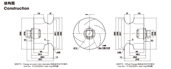 355mm Backward Curved Fan Single Phase 4 Pole External Rotor Fan